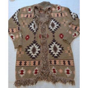 Jodifl 1X Boho Fringe Southwestern Aztec Open Cardigan Duster 34"
